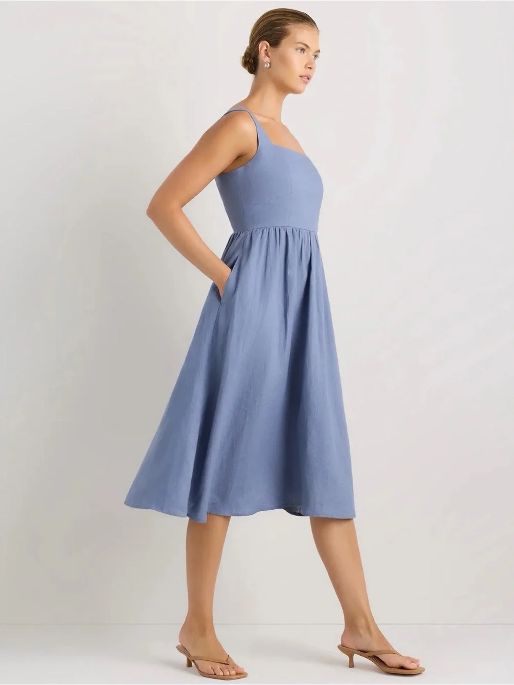 Quince Dusty Blue 100% European Linen Fit & Flare Midi Dress - Picture 4 of 7